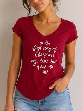 Hollister Christmas Graphic Tee - Red V-Neck Script T-Shirt (Size S)